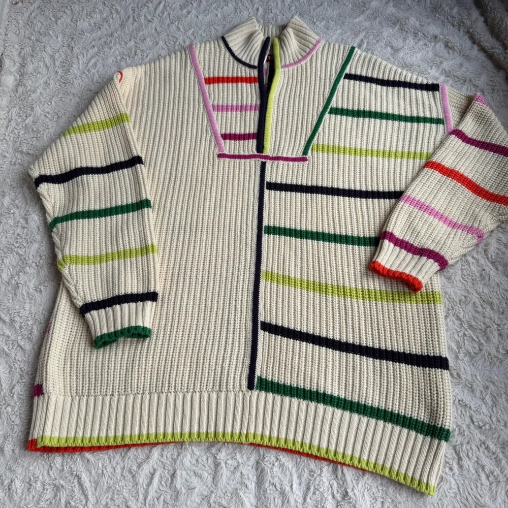 STAUD Hampton Sweater Cream Multi Color Stripe Quarter Zip Knit Oversized Long S - Picture 8 of 11